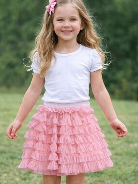 Girls Tiered Ruffle Soft Tulle Skirt Tutu Pink Ballerina Princess Size 7-8